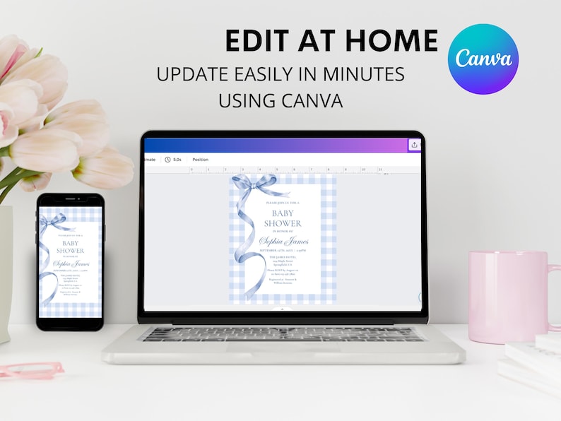 May include: A laptop and smartphone display a baby shower invitation design. The invitation features a blue gingham pattern, a ribbon, and the text "Baby Shower." The Canva logo is visible.