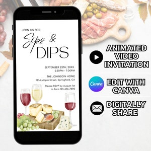 Sips Dips Charcuterie Invitation Template, Digital Wine and Cheese Invite Animated, Girls Night Wine Tasting Birthday Party Invite Phone