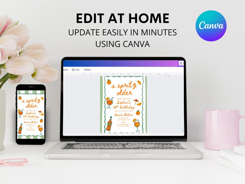 Op de afbeelding: Een laptop en smartphone tonen een kleurrijk uitnodigingsontwerp met de tekst "a spritz older" en "Sophia's 30th birthday." Het ontwerp bevat illustraties van cocktails, sinaasappels en een fles. Het Canva-logo is zichtbaar.
