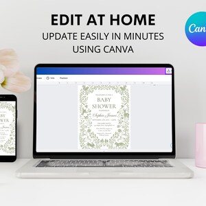 May include: A laptop and smartphone display a baby shower invitation design with floral and animal illustrations. The text "EDIT AT HOME" and "UPDATE EASILY IN MINUTES USING CANVA" are visible. A pink mug and flowers are also in the image.