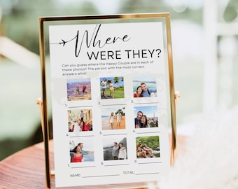 Where Were They Bridal Game, Modern Photo Guessing Game Template, Destination Wedding Activity, Wedding Shower Game Travel Couple Editable