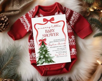 A Merry Little Baby Shower Invitation Template, Red Bow Christmas Gender Neutral Baby Shower Invite, Winter Holiday Baby Brunch Invite