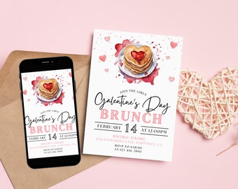 Galentine's Brunch Party Invitation, Pink Friends Valentine's Day Evite For Her Girls Night Invite, Valentines Breakfast Editable Template