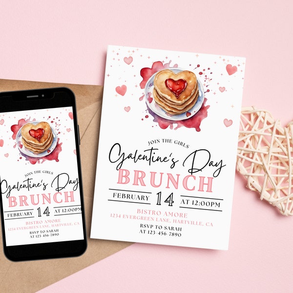 Galentine's Brunch Party Invitation, Pink Friends Valentine's Day Evite For Her Girls Night Invite, Valentines Breakfast Editable Template