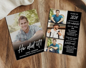 Graduation Invitation 2025 Template, Senior Graduate Announcement, Black Modern Photo Graduation Party Invite, Boys Graduation Card Editable