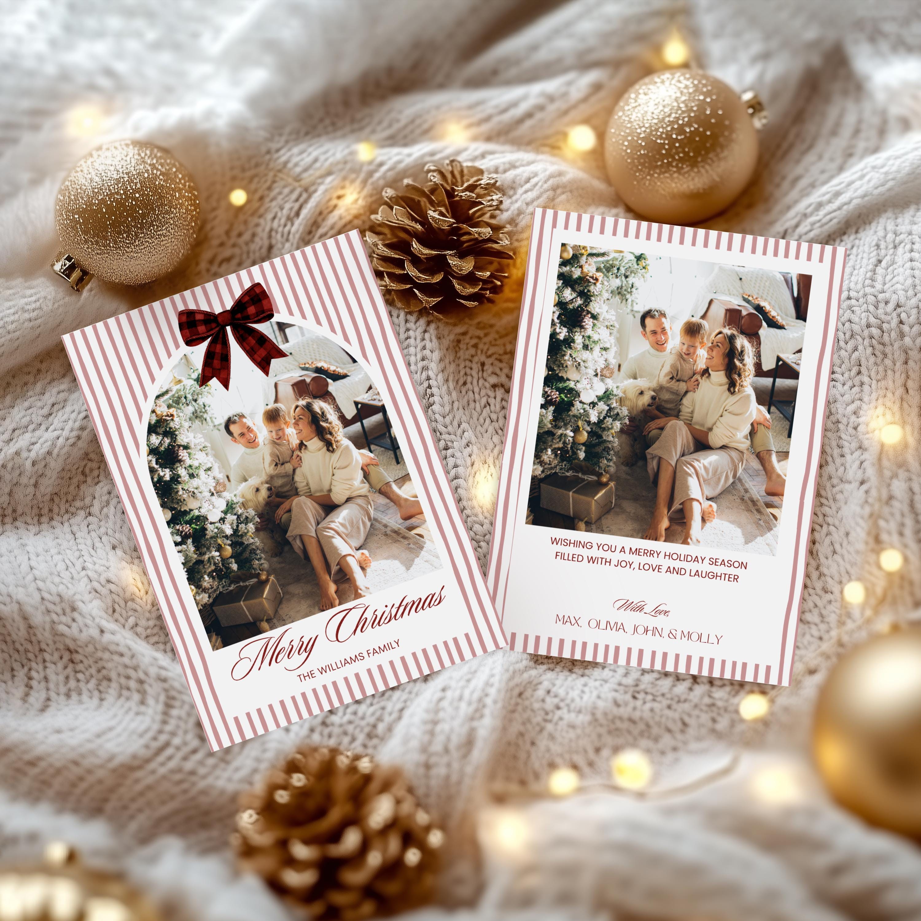 Holiday Photo Card Template, Red Bow Stripe Christmas Card, Printable ...