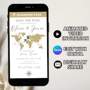 Bordkarte Speichern Sie die Datum Digitale Vorlage, animierte Hochzeit Zielland, Reise Hochzeit laden Flugzeugticket Personalisieren