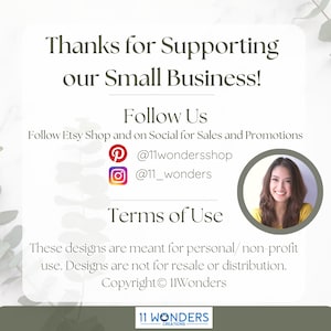 May include: A white background with text that reads "Thanks for Supporting our Small Business!" and "Follow Us". Includes social media handles and a copyright notice. A photo of a smiling woman is in a circle.