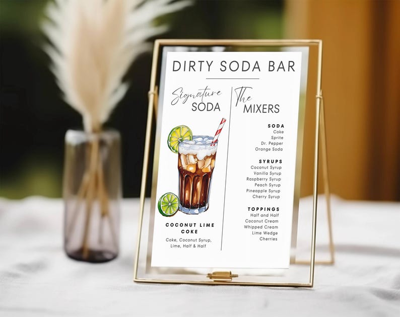 May include: A sign for a Dirty Soda Bar with a list of sodas, syrups, and toppings. The sign features a watercolor illustration of a glass of Coconut Lime Coke.