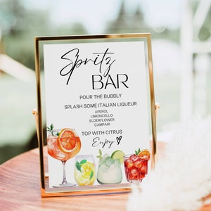Znak baru Aperol Spritz, nadruk koktajlowy baru Spritz, szablon menu baru z drinkami Hugo Limoncello Campari Signature Nowoczesny wystrój baby Bridal Shower
