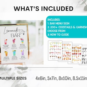 May include: A gold-framed "Lemonade Bar" sign featuring cocktail illustrations. The image includes a list of included items: a bar menu sign, over 200 cocktail recipes, and a how-to guide. Available in multiple sizes: 10x15cm, 13x18cm, 20x25cm, and 21.5x28cm.