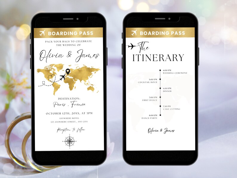 Carte d'embarquement, modèle numérique de suite de faire-part de mariage, ensemble animé d'invitation de mariage à destination, itinéraire d'invitation de mariage de voyage modifiable image 3