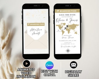 Modèle numérique de carte d'embarquement, réservez la date, faire-part de mariage à destination animé, invitation de mariage de voyage, billet d'avion à personnaliser