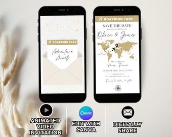 Instapkaart bewaar de datum digitale sjabloon, geanimeerde bestemming bruiloft uitnodiging, reizen bruiloft uitnodigen vliegtuigticket personaliseren