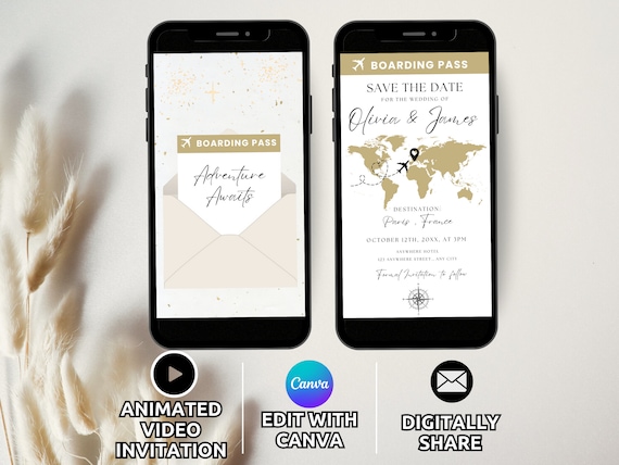Boarding Pass Save the Date Digital Template, Animated Destination Wedding Invitation, Travel Wedding Invite Airplane Ticket Personalize