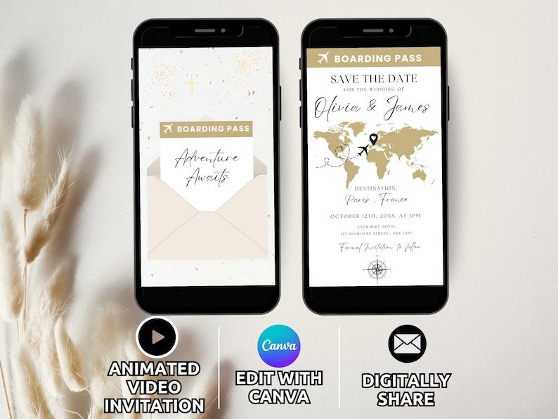 May include: A digital save the date invitation with a gold world map and airplane icon. The text reads "Save the Date for the Wedding of Olivia & James, Destination Paris, France, October 12th, 20XX, at 1PM".