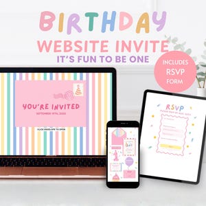 May include: A laptop, smartphone, and tablet displaying a digital birthday website invitation with pastel vertical stripes. The screens show text including BIRTHDAY WEBSITE INVITE, IT'S FUN TO BE ONE, YOU'RE INVITED, SEPTEMBER 15TH, 2030, and RSVP.