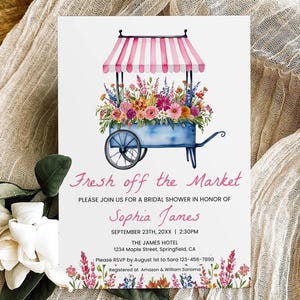 Frisch vom Markt Brautparty-Einladungsvorlage, Bauernmarkt-Hochzeitsdusche einladen, Blumenwagen-Braut-Brunch-Einladung bearbeitbar