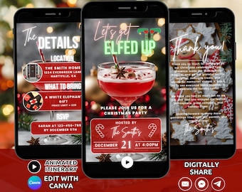May include: Three phone screens showing a Christmas party invitation with a red and white candy cane design. The first screen shows the details of the party, the second screen shows the invitation to the party, and the third screen shows a thank you message. The text on the screens reads "The Details", "Let's get Elfed Up", and "Thank You!"