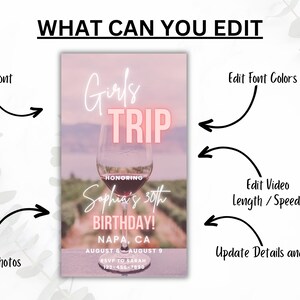 Pode incluir: Um convite rosa e branco para uma viagem de meninas para Napa, Calif&oacute;rnia. O convite apresenta uma ta&ccedil;a de vinho e o texto "Girls Trip" em uma fonte rosa neon. O texto "Honoring Sophia's 30th Birthday!" tamb&eacute;m est&aacute; inclu&iacute;do.