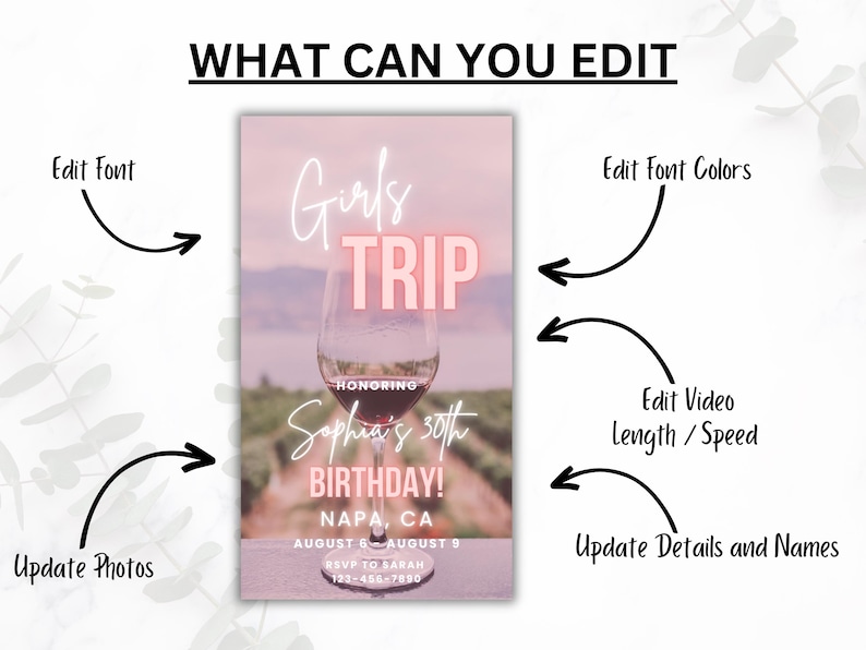 Pode incluir: Um convite rosa e branco para uma viagem de meninas para Napa, Calif&oacute;rnia. O convite apresenta uma ta&ccedil;a de vinho e o texto "Girls Trip" em uma fonte rosa neon. O texto "Honoring Sophia's 30th Birthday!" tamb&eacute;m est&aacute; inclu&iacute;do.