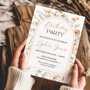 Wildflower Birthday Party Invitation Template, Pink Floral Birthday Invite, Boho Arch Flower Birthday Dinner Celebration Invite Printable