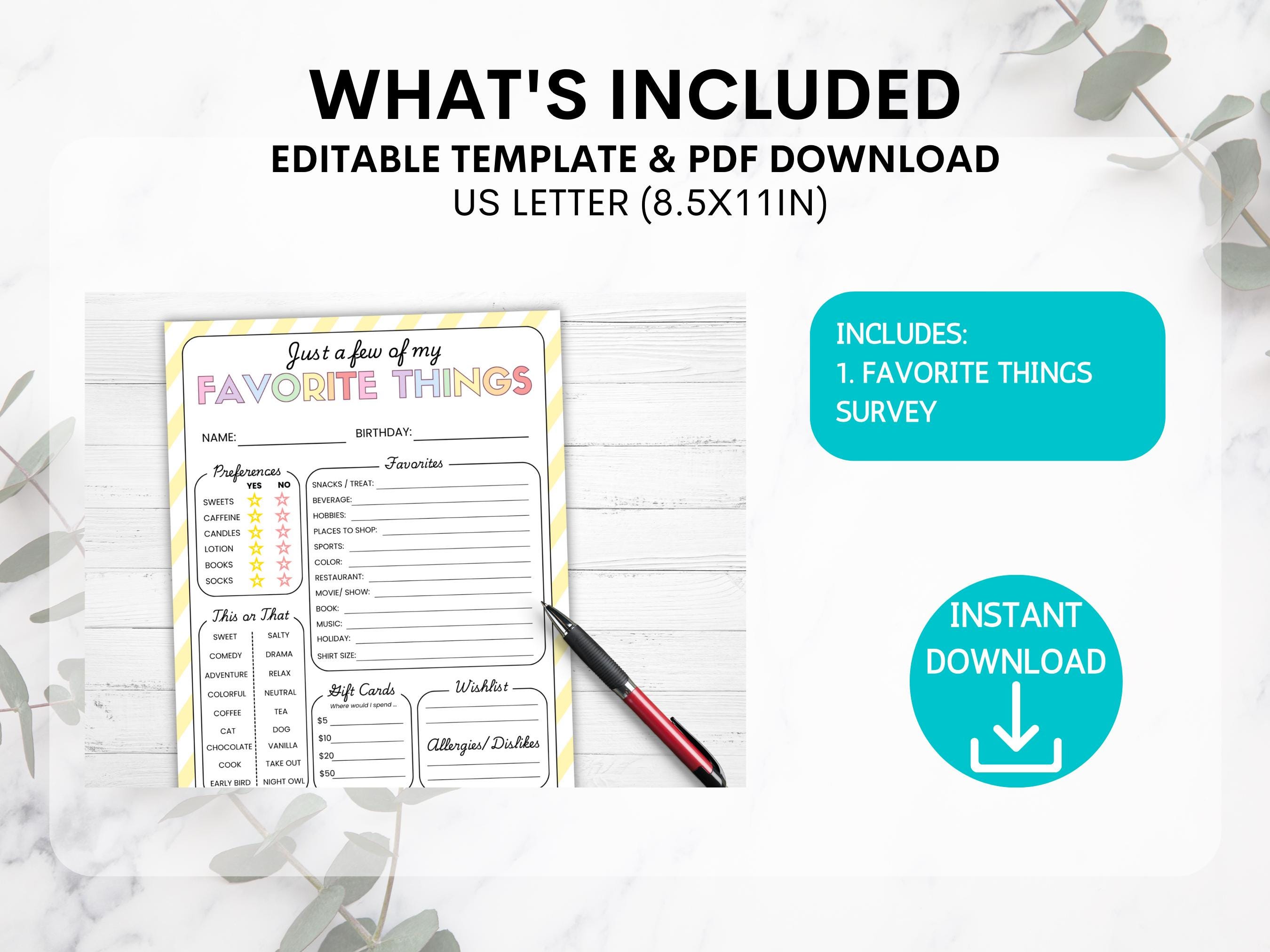 Favorite Things List Survey Questionnaire, Get to Know You Form ...