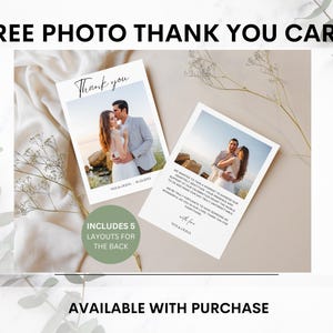 May include: Two photo thank you cards with wedding photos. One card says "Thank you" with a photo of a couple. The other card has a message. The text "FREE PHOTO THANK YOU CARD" and "INCLUDES 5 LAYOUTS FOR THE BACK" are also visible.