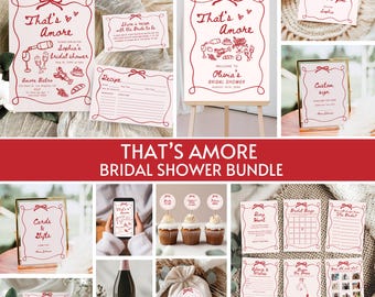 That's Amore Bridal Shower Bundle, Italian Bridal Shower Dinner Invite Signs & Games Bundle, Wavy Whimsical Hand Drawn Editable Template