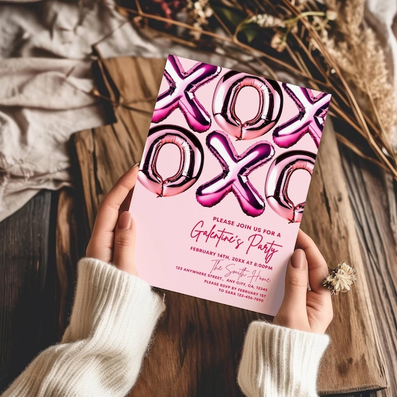 Galentine's Day Invitation Template, Valentine's Party Invitation, Girls Night Party Invite, XOXO Pink Balloon Galentines Invite Printable