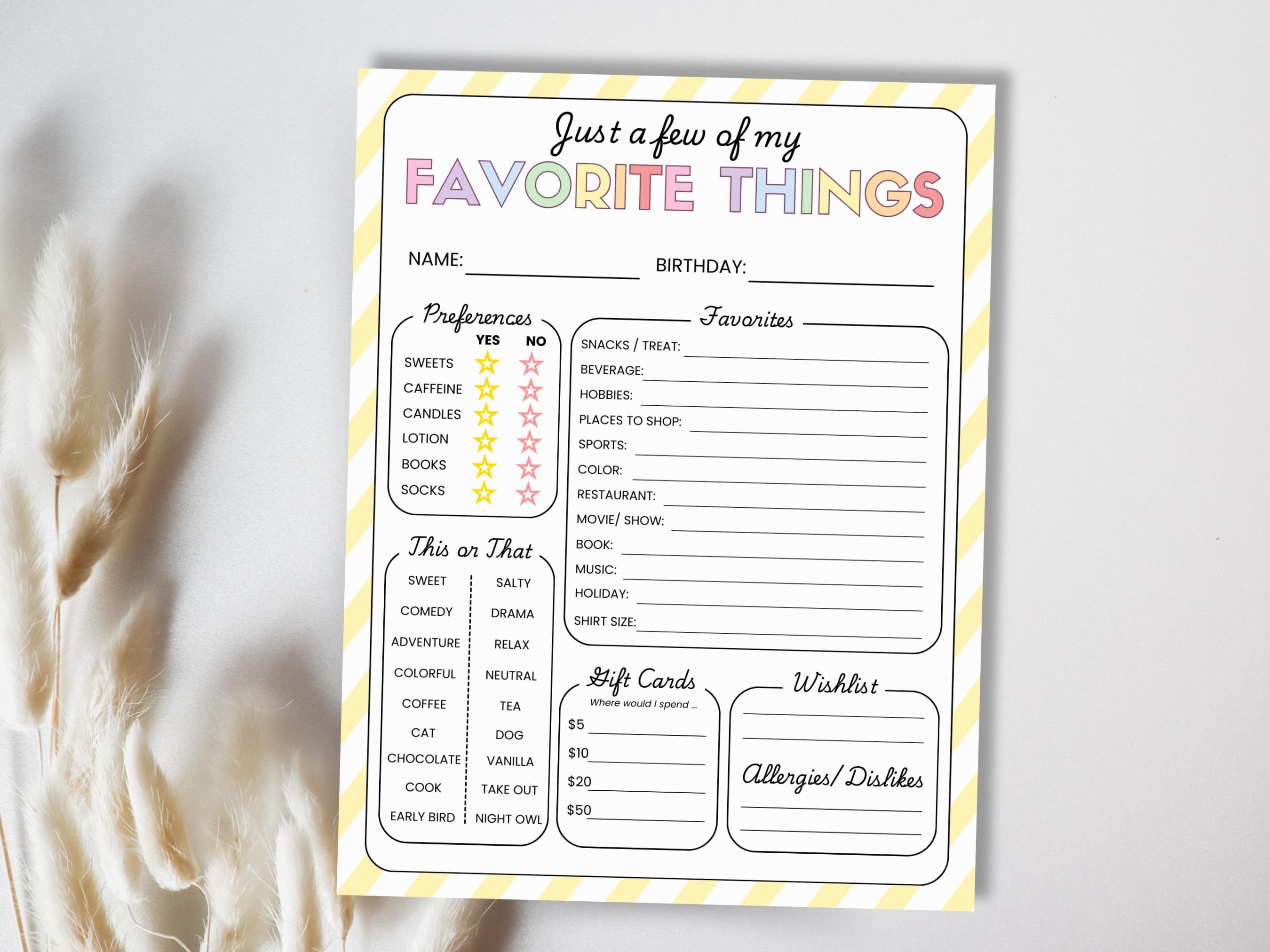 Favorite Things List Survey Questionnaire, Get to Know You Form ...