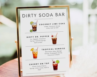 May include: A rectangular gold-framed sign titled DIRTY SODA BAR, listing four drink recipes: Coconut Lime Coke, Dirty Dr. Pepper, Tropical Sunrise, and Cherry on Top. Each entry includes a small illustration of the drink with its ingredients.