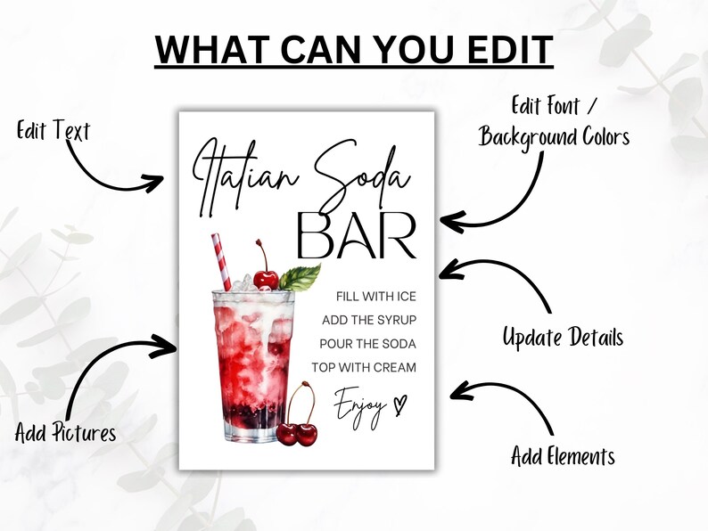 Op de afbeelding: Printbare poster voor een "Hatian Soda Bar" met een aquarel-illustratie van een glas soda met kersen en een takje munt. Het poster bevat instructies voor het maken van de soda: "Vul met ijs, voeg de siroop toe, giet de soda, top met room, Geniet!"