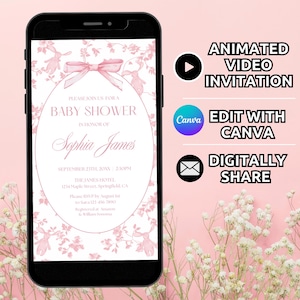 Modelo digital de convite Toile de Jouy, convite de chá de bebê com laço rosa animado, chá de bebê vintage, evite floral chá de brunch de bebê editável
