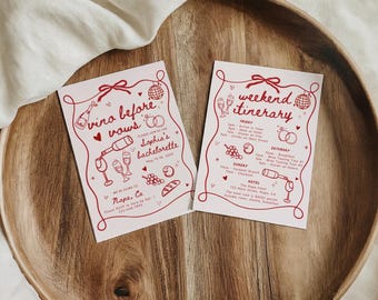 Plantilla de invitación e itinerario para despedida de soltera "Vino antes de los votos", invitación dibujada a mano para fin de semana de despedida de soltera con cata de vinos en bodega.