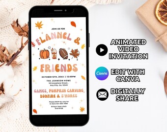 Puede incluir: Una invitación digital en la pantalla de un teléfono inteligente con el texto Flannel & Friends, gráficos de otoño que incluyen una calabaza, una bebida, un balón de fútbol americano y hojas, además de los detalles del evento.