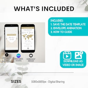 May include: A digital save the date template with a gold and white color scheme. The template features a world map with a compass and a plane. The text "Save the Date" is written in a gold script font. The template is available for download as a video or image. The text "Includes: 1. Save the Date Template 2. Envelope Animation 3. How to Guide" is also included in the image.