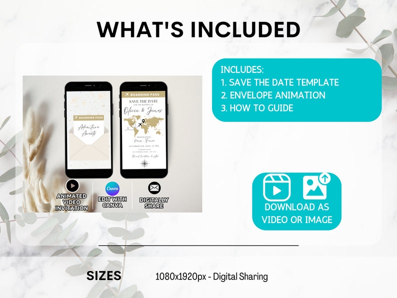 May include: A digital save the date template with a gold and white color scheme. The template features a world map with a compass and a plane. The text "Save the Date" is written in a gold script font. The template is available for download as a video or image. The text "Includes: 1. Save the Date Template 2. Envelope Animation 3. How to Guide" is also included in the image.