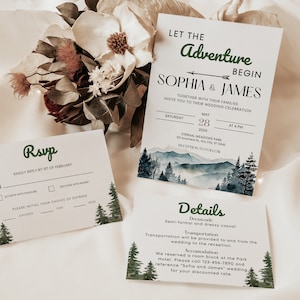 Mountain Wedding Invitation Suite Template, National Park Wedding Invite Set, Woodland Forest Wedding Invite Bundle Details RSVP Printable