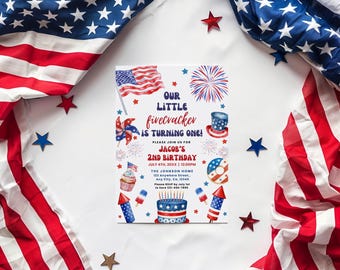Little Firecracker Birthday Party Invitation Template, 1st Birthday Invite, 4th of July Independence Day First Birthday Invite Printable