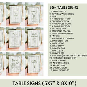 May include: A collection of gold-framed table signs with various text, including "Love is Sweet," "Cards & Gifts," and "Wedding Fund." The signs are displayed on a light surface, with a list of 35+ table sign options. The signs are available in 5x7" and 8x10" sizes.