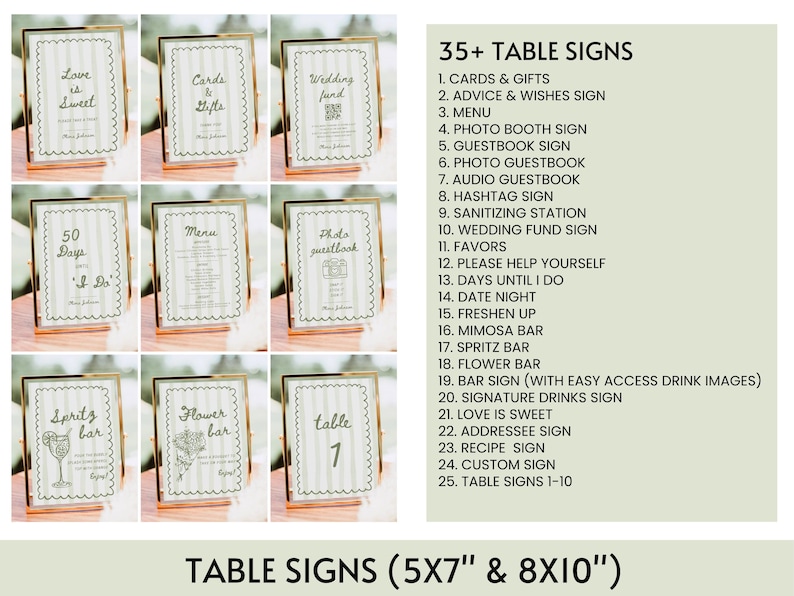 May include: A collection of gold-framed table signs with various text, including "Love is Sweet," "Cards & Gifts," and "Wedding Fund." The signs are displayed on a light surface, with a list of 35+ table sign options. The signs are available in 5x7" and 8x10" sizes.