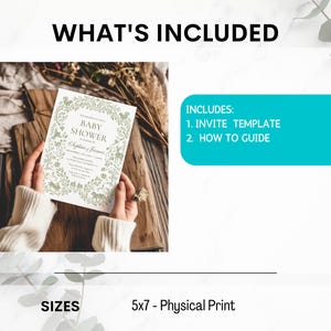 May include: A baby shower invitation template with a floral design, held by a person wearing a cream-colored sweater. The invitation is 5x7 inches and includes an invite template and a how-to guide.