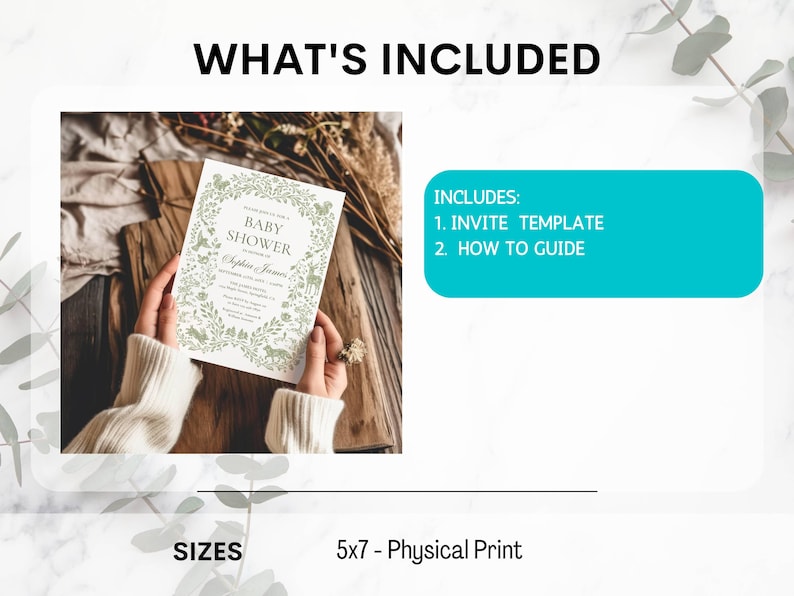 May include: A baby shower invitation template with a floral design, held by a person wearing a cream-colored sweater. The invitation is 5x7 inches and includes an invite template and a how-to guide.