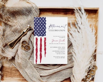 Könnte beinhalten: Eine rechteckige Einladungskarte zur Ruhestandsfeier mit einem abgenutzten amerikanischen Flaggendesign auf der linken Seite. Der Text lautet Retirement Celebration, Please join us as we celebrate James Smith and his 30 years of service, October 12th, 20XX, 3:00-6:00PM, Anywhere Hotel, 123 Anywhere Street, Any City, Co 12345, Please RSVP by August 1st to Sara 123-456-7890.