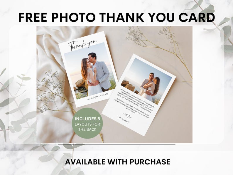 May include: Two white photo thank you cards with images of a couple, one with the text "Thank you". The cards are on a beige surface with floral accents. Text at the top reads "FREE PHOTO THANK YOU CARD".