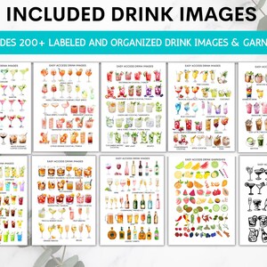 May include: A collection of watercolor drink images, including cocktails and garnishes. The image includes the text "INCLUDED DRINK IMAGES" and "INCLUDES 200+ LABELED AND ORGANIZED DRINK IMAGES & GARNISHES". The images are arranged on white backgrounds.