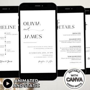 Modelo de suíte de convite de casamento digital minimalista, conjunto de convite de casamento animado moderno, pacote de convite de caligrafia para linha do tempo de casamento RSVP