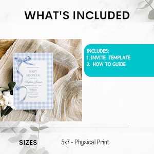 May include: A baby shower invitation template with a blue gingham border and a blue ribbon. The invitation includes the text "Baby Shower" and the names "Sophia & James". The image also includes a list of what's included: Invite Template and How to Guide.