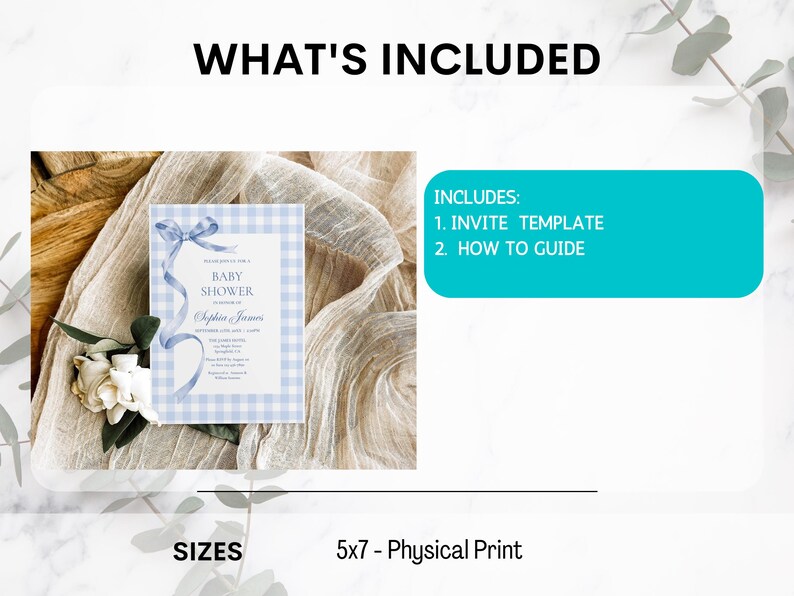 May include: A baby shower invitation template with a blue gingham border and a blue ribbon. The invitation includes the text "Baby Shower" and the names "Sophia & James". The image also includes a list of what's included: Invite Template and How to Guide.